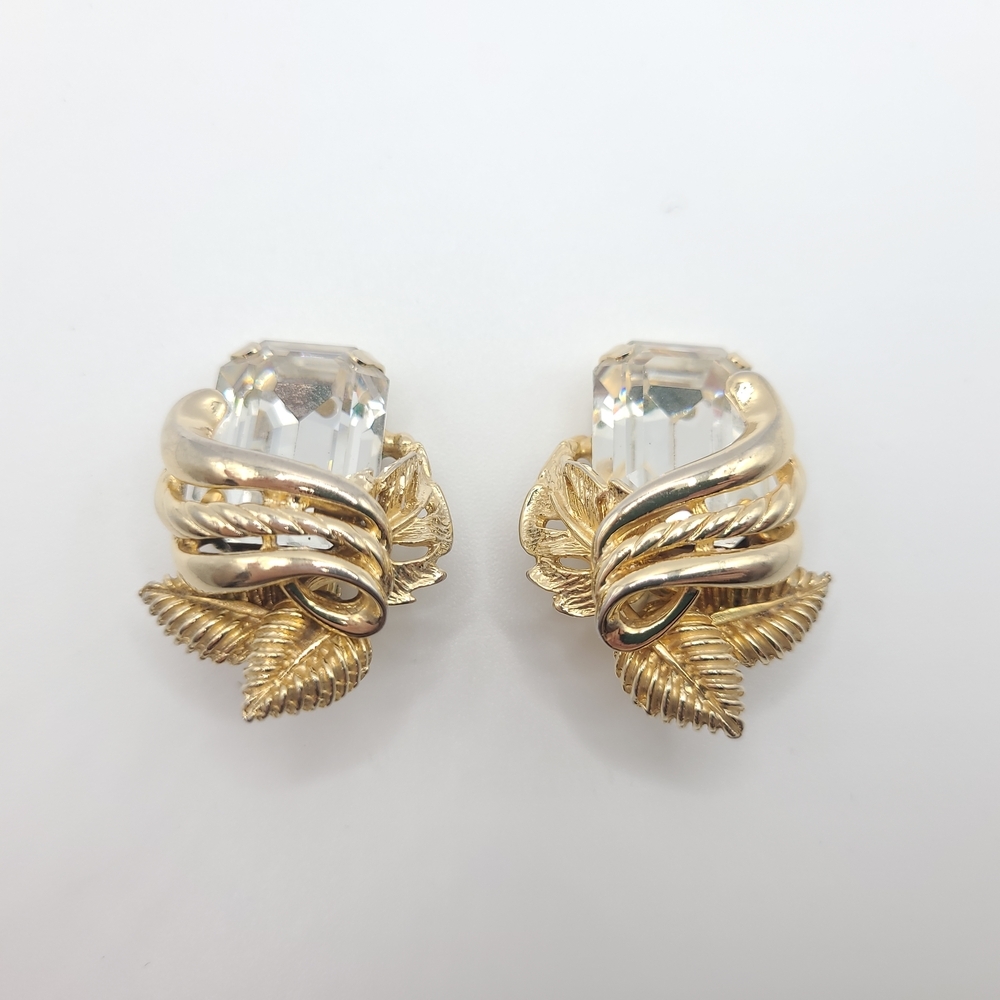 Vintage Gold Tone Crystal Leaf Clip-On Earrings Statement Chunky